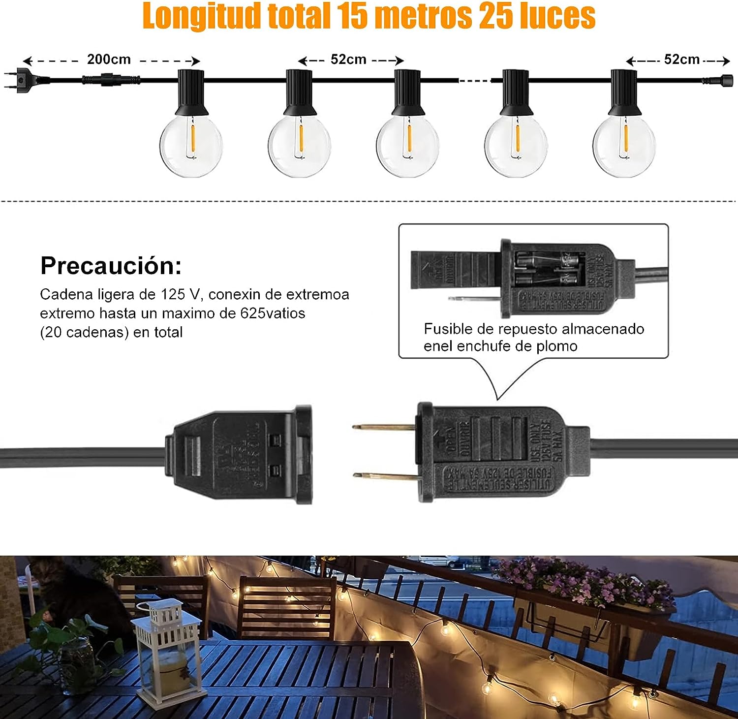 Preventa: Guirnalda de Luces Led para Exterior 15M,25+2 Luces Exteriores para Jardin