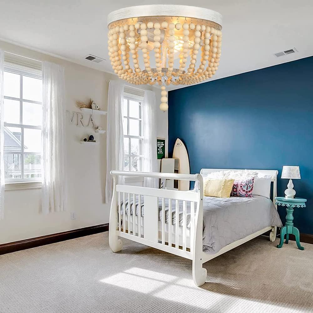 Preventa: Lámpara de cuentas de madera, luz bohemia de estilo granja, roble blanco, 3 luces.