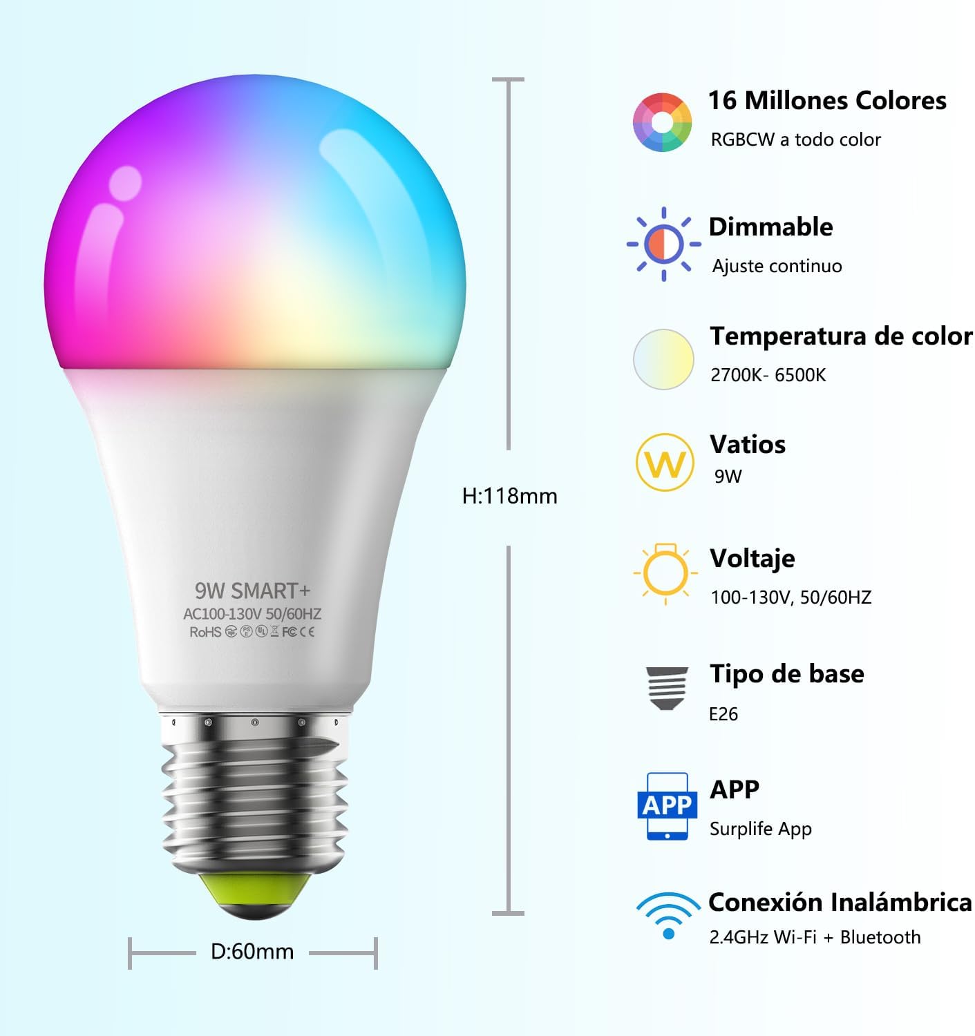 Preventa: Focos Inteligentes Alexa, 4Pcs Foco RGB Led 9W (Equivalente a 80W) 800lm, Control Remoto de APP, WiFi y Bluetooth, Alexa y Google Compatible