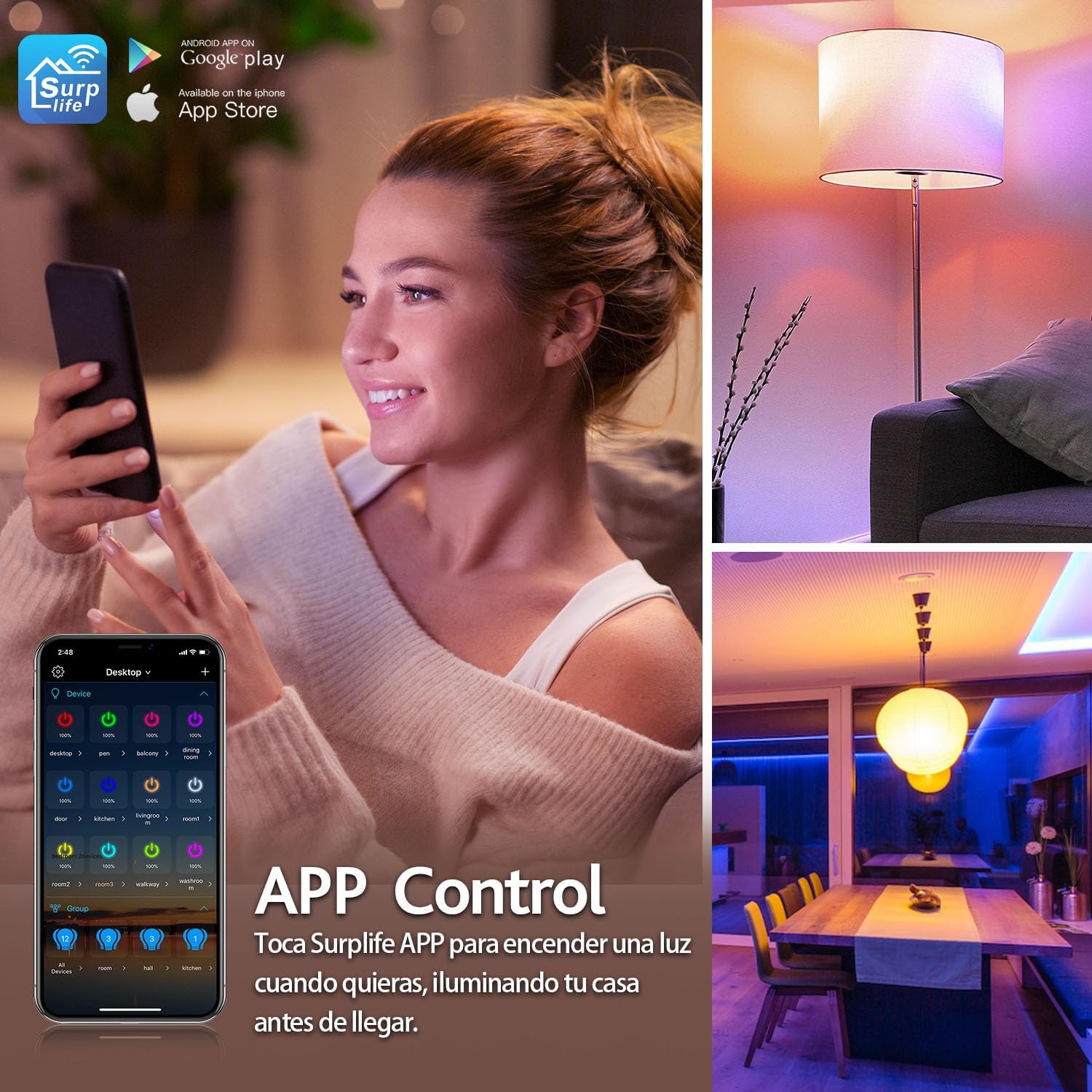 Preventa: Focos Inteligentes Alexa, 4Pcs Foco RGB Led 9W (Equivalente a 80W) 800lm, Control Remoto de APP, WiFi y Bluetooth, Alexa y Google Compatible