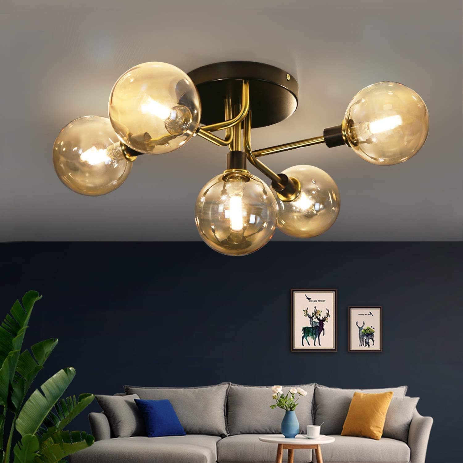 Preventa: Lámpara Vintage LED Sputnik de 5 luces con pantallas de vidrio ámbar