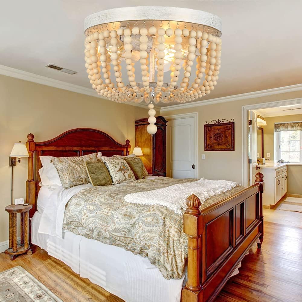 Preventa: Lámpara de cuentas de madera, luz bohemia de estilo granja, roble blanco, 3 luces.