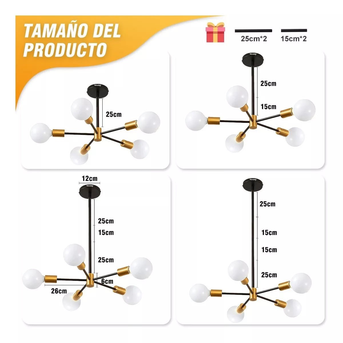 DOPWII Lámpara De Techo Moderna Colgante Negro Y Dorado 5 luce