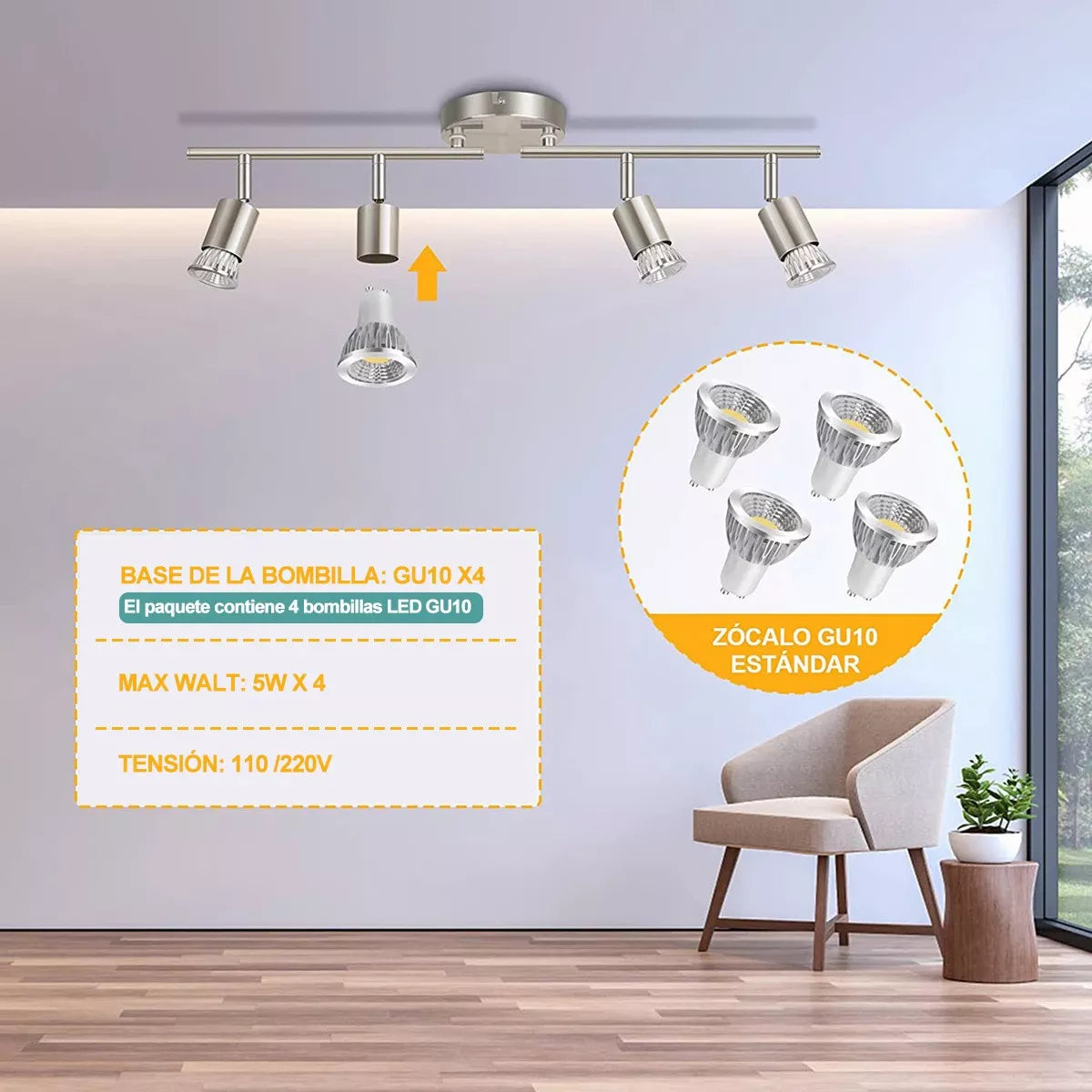 DOWPII Lámpara De Techo Iluminación De Riel Led Incluye 4 Bombillas