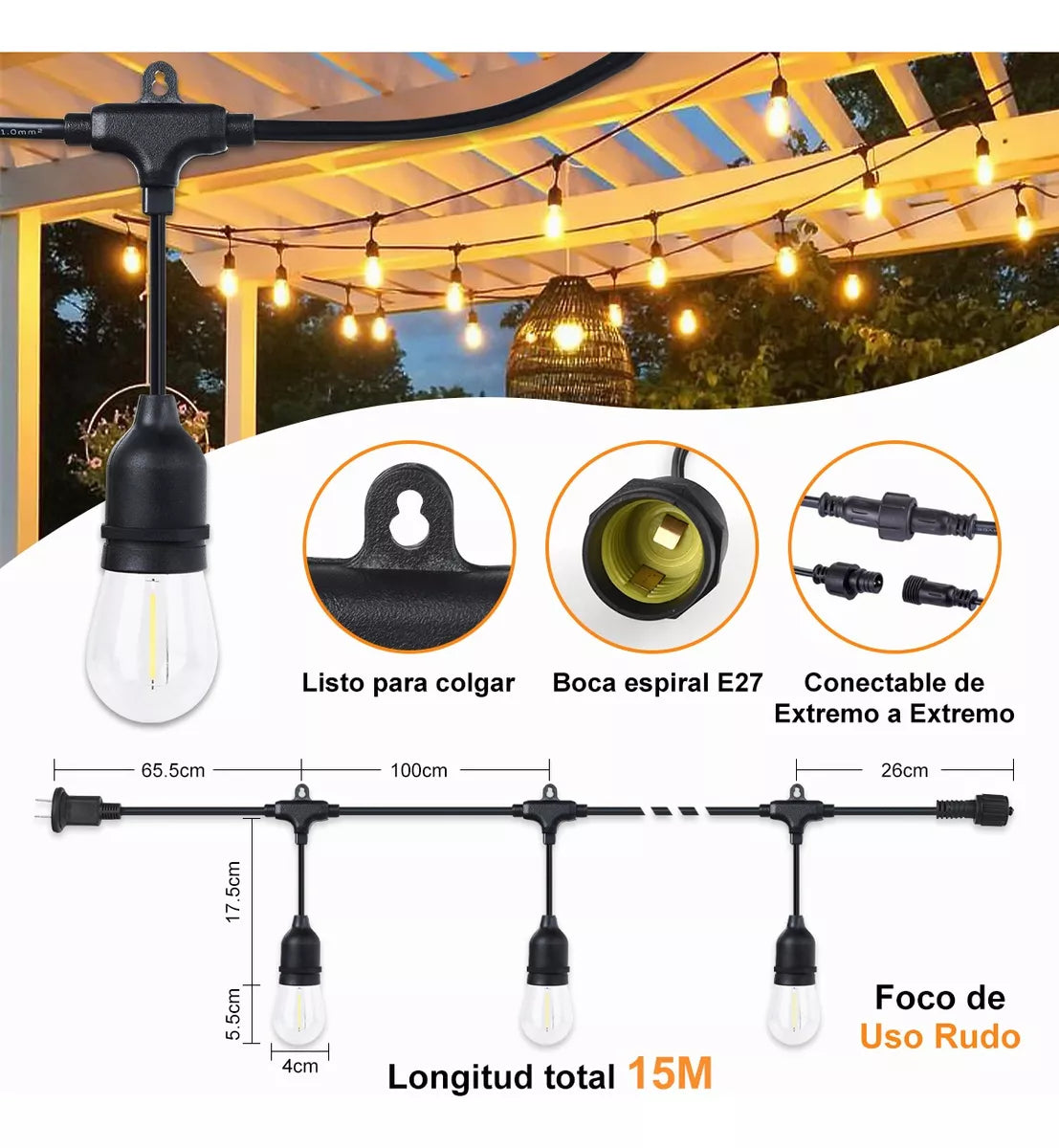 DOPWII Guirnalda De Luces 15+1 Led S14 Focos 15m Exterior Vintage